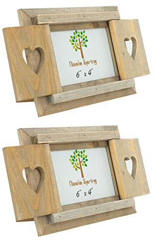 Nicola Spring Freistehende Fotorahmen passend für Fotogröße 15 x 10 cm (6 x 4 Zoll) - 2er-Pack - Bilderrahmen mit rustikalen Herzfensterläden aus natürlichem Holz, freistehender Posterrahmen