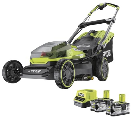 RYOBI 18 V ONE+ Brushless Akku-Rasenmäher RY18LMX40A-240 (Schnittbreite 40 cm, 6-fache Höhenverstellung 20-70 mm, Flächen bis 700m², Variables Griffgestänge inkl. Mulchkeil, 2x4,0Ah Akku & Ladegerät)