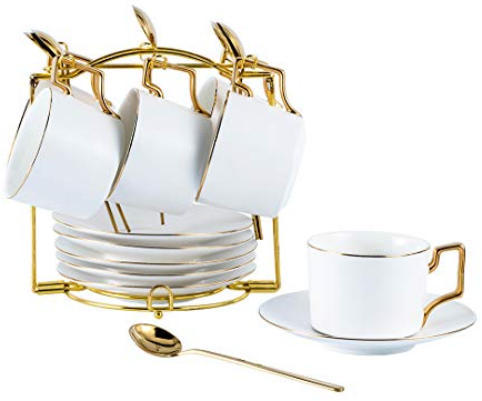 CHILDIKE Porcelain Cappuccino Cups with Saucers and Metal Stand, 200ml Demitasse Espresso Cups Set, Matte White - Set of 6 for Tea, Latte, Cafe Mocha