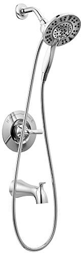 Delta Faucet Arvo 14 Series Single-Handle Tub and Shower Trim Kit, Shower Faucet with 4-Spray In2ition 2-in-1 Dual Hand Held Shower Head with Hose, Chrome 144840-I (Valve Included)