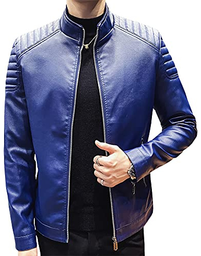 Womleys Mens Casual Stand Collar Slim Fit Faux Leather Jacket Biker Motorcycle Jacket (X-Blue, Large)