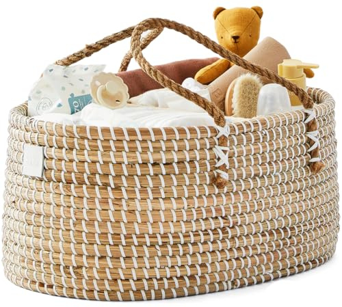 BEBE BASK Premium Baby Diaper Caddy Organizer - Handmade - Seagrass Basket With Cotton Divider - Award-Winning & Luxury Diaper Caddy Basket - White (NATURAL)
