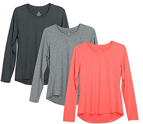 icyzone Lot de 3 t-shirts d'entraînement à manches longues pour femme – Hauts de course à pied, d'exercice, de yoga, Mélange noir/anthracite/corail, Taille M