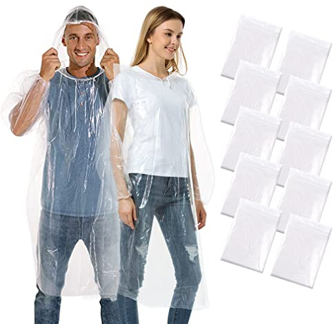 Xrkuu Regnponcho, 10-pack vattentäta engångsponchos, nödsituationer, regnrockar med dragskohuva och elastiska handleder för kvinnor, män, camping, vandring, fiske, utomhusaktiviteter (genomskinlig)