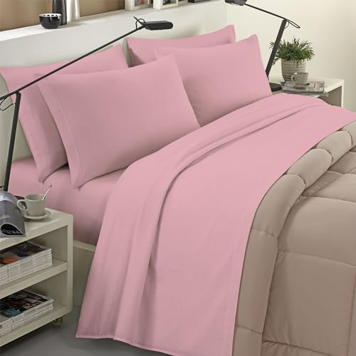 Banzaii Completo Lenzuola Invernale Felpate in Flanella Anti-Pilling 100% Cotone, adatto anche ai materassi più alti, 4 pezzi, Matrimoniale Maxi Rosa