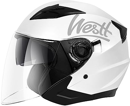 Westt Jethelm mit Visier und Sonnenblende Motorradhelm Herren Damen Rollerhelm Mopedhelm Mofa Chopper Helm Motorrad Halbhelm Open-Face-Helm Pilotenhelm ECE DOT Zertifiziert