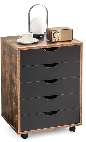 KOMFOTTEU Rollcontainer mit Schubladen, mobiler Aktenschrank Schubladenschrank mit Räder, Bürowagen Druckerständer weiß, Büroschrank für Akten, Dokumente, 49x42x66cm (Rustikales Braun)