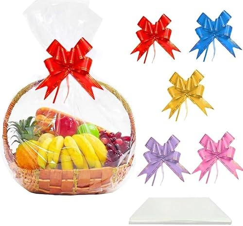 Lohill 10 Stück Geschenkfolie Transparent Cellophantüten 70x100cm, Durchsichtiges Geschenkpapier mit 10 Stück Zugschleifen Klares Cellophan für Geschenke Körbe, Blumen,Kunsthandwerk,Leckerli, Hochzeit