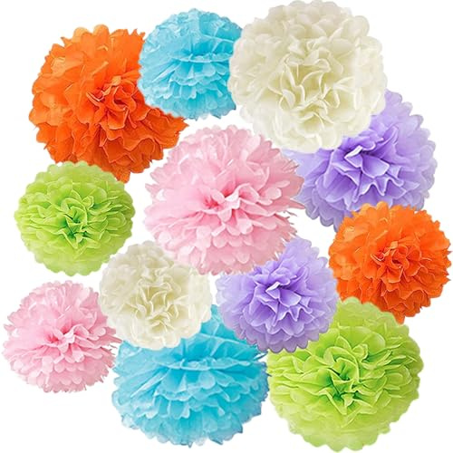 KASESSS 12 Piezas Pompones de Papel, Pompones Decoracion Fiesta Colores, Colgante Flores de Papel Decoracion, Flores Pompom de Papel de Seda para Fiesta Carnaval Fiestas, Bodas, Cumpleaños, Navidad