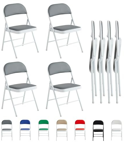 mcc direct Set di 4 sedie pieghevoli, in ecopelle, con struttura in metallo e seduta imbottita, facili da piegare e riporre per casa, ufficio, sala da pranzo e reception (grigio)