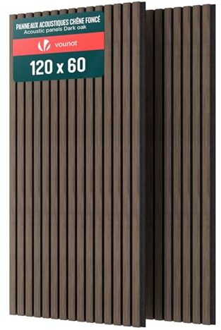 VOUNOT® 2x Paneles Acústicos Decorativos MDF 120x60x2,1cm con Fieltro Poliéster Insonorización Acústica Pared Absorción de Sonido Pared de Láminas Listones 3D para Salón Despacho Encimera Roble Oscuro