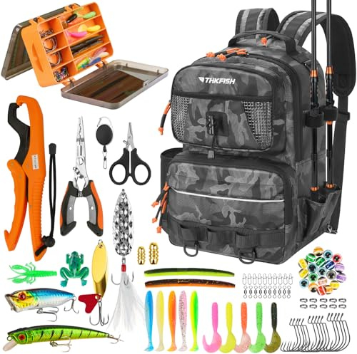 THKFISH Set di esche da pesca con scatola per esca, tessuto Oxford 600D, impermeabile, con scomparto regolabile, per attrezzi da pesca, campeggio, escursionismo, viaggi, mimetico