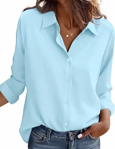 Zeagoo Blusas De Mujer Elegantes Camisa Color SóLido Camisas Azul Claro L