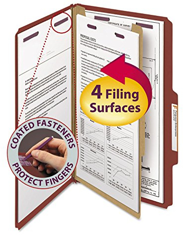 Smead Pressboard Classification File Folder with SafeSHIELD Fasteners, 1 Divider, 2 Expansion, Legal Size, Red, 10 per Box (18775)
