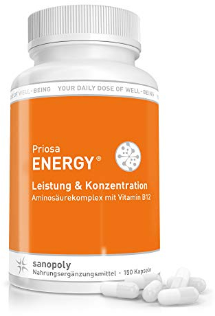 SANOPOLY Priosa® energy 150 vegane Aminosäure Kapseln I BCAA Kapseln Unterstützen die normale Muskelfunktion I 16 eiweißbildende Aminosäuren I durch unabhängige Gutachter geprüft