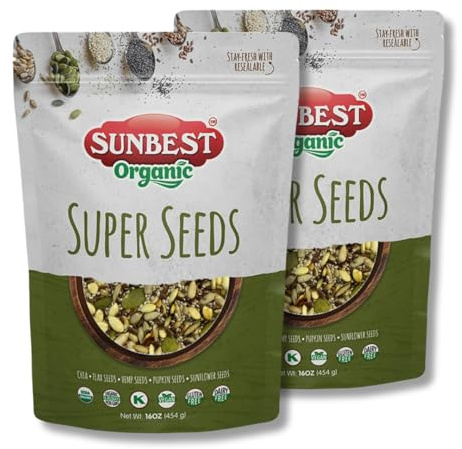 Sunbest Natural Organic Super Seeds Mix, 2-Pack – Raw Chia, Flax Seed, Hemp, Pumpkin & Sunflower Seeds – Great For Trail Mix, Smoothies & Salads – Superfood Blend Rich in Protein & Fiber (32 oz)