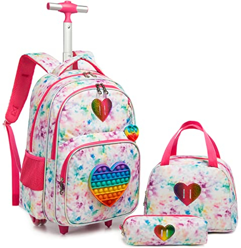 Rucksack Mädchen Schulranzen Trolley Schulrucksack Teenager 3PCS 17” Kinder Schultrolley Geeignet für Schule und Reise Rotes Herz Spielzeug Rollenrucksack Mit Essensbeutel und Federmäppchen