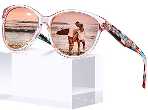 CARFIA Pink Mirrored Cateye Sunglasses for Women Polarized UV Protection, Handcrafted Acetate Frame with Embossed Wire Core