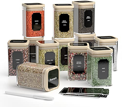 Finew Set de pots à épices carrés -12x200ml, bocal epices verre avec couvercle en bambou, bocaux de stockage en verre hermétiques avec étiquettes et marqueurs, bocaux pour conserver les épices herbes