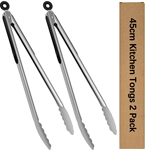 Pinza per barbecue in acciaio inox, lunghezza 45 cm, manico in silicone resistente al calore, con chiusura a clic, per cucinare, grigliare, buffet, barbecue, set da 2