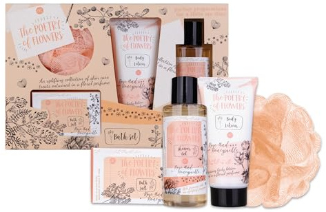 accentra-presentset för kvinnor POETRY OF FLOWERS 4-delat - badset present med bodylotion, badsalt, duschgel & meshsvamp - wellnessset för kvinnor och tjejer för födelsedagar och speciella tillfällen