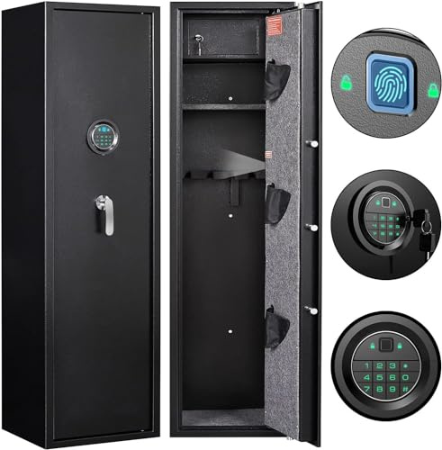 Marcree Biometric Rifle Gun Safe, Quick Access 5-Gun Cabinet with Lock Box, Fingerprint Long Gun Safe for Home Office, Gun Safes for Rifles and Shotguns, Large Shotgun Safes with 3 Pistol Bags