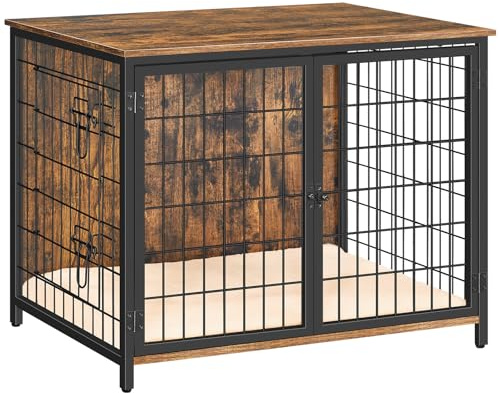 MAHANCRIS Hundekäfig Möbel, 80 cm Hundebox mit Kissen, 2 Tür, Doppeltür, Holzwerkstoff, für Kleine/Mittelgroße/Große Hunde, 80 x 55 x 65 cm, Hundekäfig für Zuhause, Vintagebraun ADCHR0701Z1