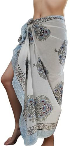 100% Cotton White Sarong Wraps For Women Indian Block Print Skirt Long Boho Swimsuit Bikini Pareo Bathing Suit Cover Up For Women (73” X 44”) (White 5)