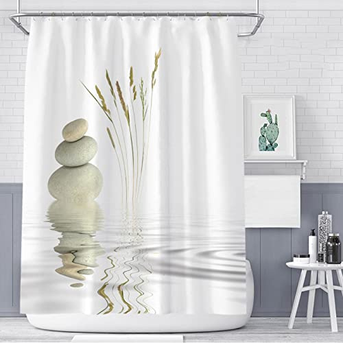 KEPPD Duschvorhang-Set mit Steinen und weißem Lotus im Wasser, Zen-SPA-Badezimmer, wasserdicht, extra lang, Polyester, Badewannendekoration, Stoff, 120 x 190 cm, Duschvorhang