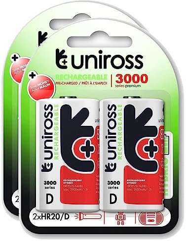 Uniross Pack de 2 x 2 Piles Rechargeables D/HR20 3000 NIMH HYBRIO, 1.2V