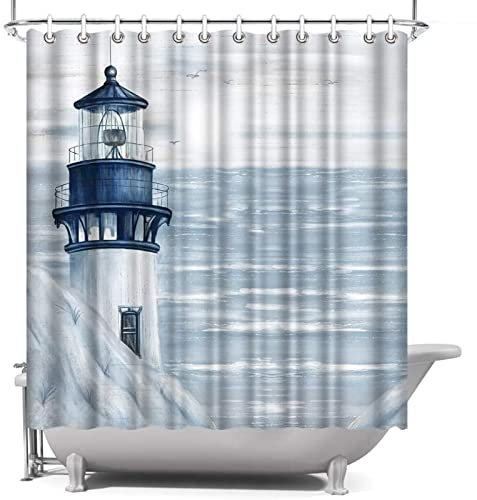 Latwerio 3D Duschvorhang 120x200 Leuchtturm Duschvorhänge Antischimmel Wasserdicht Badevorhang Leuchtturm Duschrollo für Badewanne Dusche Shower Curtains, 8 Duschvorhang Ringe