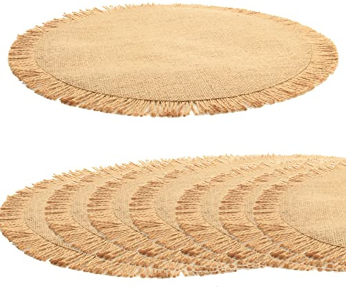 Juego de 8 manteles Individuales de Acción de Gracias, manteles Individuales Redondos de arpillera, decoración de Mesa, Yute Natural Bohemio con Flecos para Fiesta de Acción de Gracias, Mesa rústica