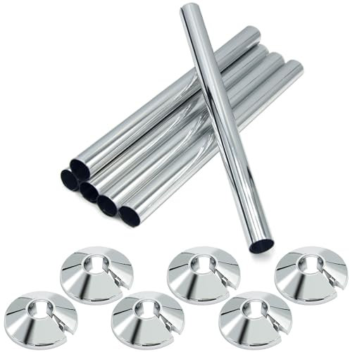 6 Pcs Radiator Pipe Covers and Collars - 15mm x 200mm and 16mm Silver Covers for Heating Pipes
