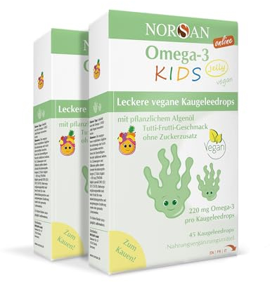NORSAN Omega 3 ALGA JELLY 45 hochdosiert (2x45 Stück) - Omega 3 vegan hochdosiert 220mg pro Kaugeleedrops - veganes Algenöl mit EPA & DHA - mit Tutti-Frutti-Geschmack