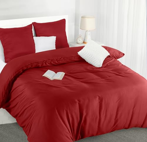 Utopia Bedding Bettwäsche 200x200 Set - Mikrofaser Bettbezug 200x200 cm + 2 Kissenbezüge 80x80 cm - Rot