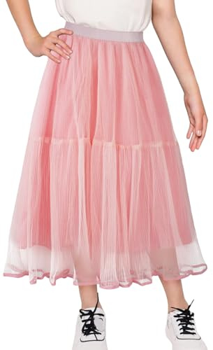 Maeau - Jupe Longue Tulle Fille Printemps Été A-Ligne Jupe Midi Tutu Jupes Plissées Princesse Danse - Rose - 9-10 Ans
