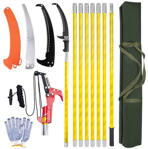 Pole Saws for Tree Trimming, 7.3-27 ft Tree Pruner Manual Pole Saw, Extendable Long Branch Trimmer Tree Pole Pruner Saw Blades and Scissors Set for Pruning Palms and Shrubs
