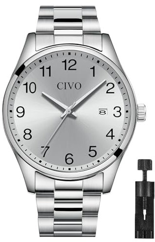 CIVO Herren Uhren Edelstahl Analog: Einfach Groß Ziffernblatt Armbanduhr Herren - Wasserdicht Klassische Silber Quarzuhr Geschenke für Männer