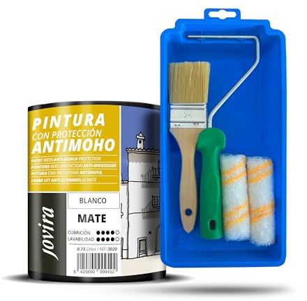 JOVIRA PINTURAS Pittura Antimuffa Bianca y Mini secchio, 2 mini rulli antigoccia, manico e pennello (750 ml, Pittura + Mini kit pareti) C-16-K