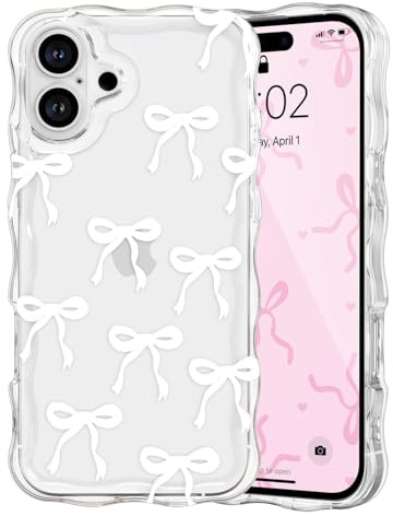 QLTYPRI Bow Case for iPhone 16 Plus, Cute Wavy Clear Phone Case-White