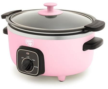 GreenLife 3.5QT Slow Cooker, PFAS-Free Non-Toxic Ceramic Nonstick Removable Interior Bowl, Programmable, Keep Warm, Stovetop & Oven Safe Pot, Dishwasher Safe Crock & Glass Lid, Pink
