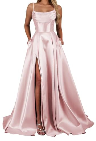 YIANN Vestiti da Ballo da Donna con Spalline Sottili in Raso con Spacco e Corsetto Lunghi Abiti da Sera Formali, Rosa cipria, 50