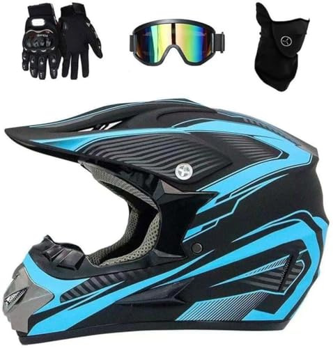 Vuxen MTB Motocross Hjälm, full ansikte utanför vägen Sports motorhjälm med glasögonhandskar Mask, Downhill Enduro quad Dirt Bike Scooter Motorcykelhjälm(Blue,XL(58~59cm))