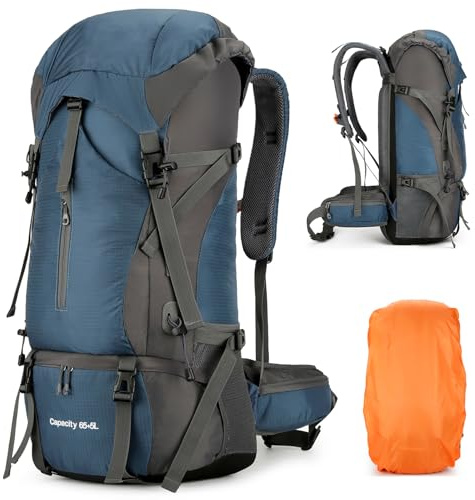Durable 70L Hiking Camping Backpack with Waterproof Rain Cover, Lightweight Outdoor Sport Travel Daypack 65L+5L Rucksack for Climbing Touring Ultralight High-Capacity for Men and Women (Blue)