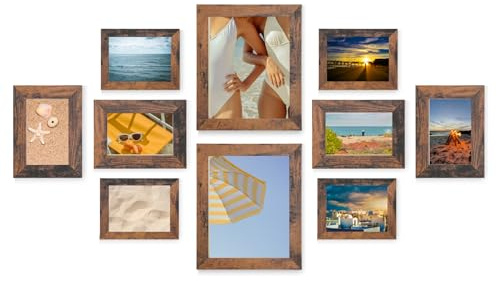 MARCOFOTO, Set De 10 Marcos De Fotos, 2 De 20x25 Cm, 4 De 13x18 Cm, 4 De 10x15 Cm, Madera MDF Y Cristal, Diseño Elegante Y Versatil (MARRON)