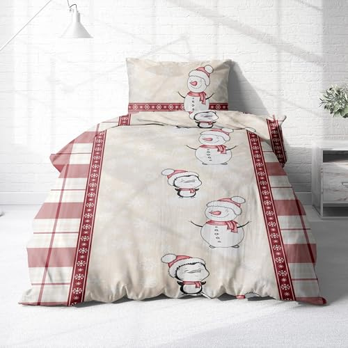 Träumschön Biber Bettwäsche Set 2tlg 135x200 cm + 80x80 cm Schneemann – Flauschige Winterbettwäsche Rot/Beige – Weiche Bettwäsche zu Weihnachten - Atmungsaktiv, Warm & Hautfreundlich - 100% Baumwolle