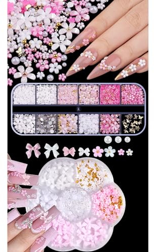 MSLSOZ Set med 3D-nagelsmycken, 2 lådor med nageldekoration (rosett, blomma, halv pärla), rosa blommor med glitter och rosetter, dekorativa tillbehör för manikyrdesign och hantverk