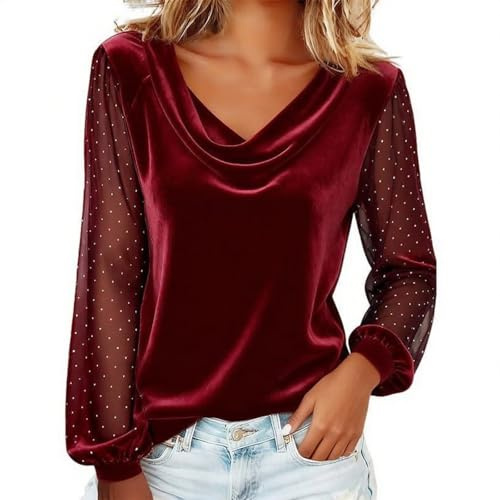 Blusa mujer elegante terciopelo camiseta ceremonia top rojo elegante camiseta curvy manga larga camisa cuello en V Año Nuevo Camisetas Carnaval Invierno Casual de noche Camisetas Moda Cómoda Fiesta