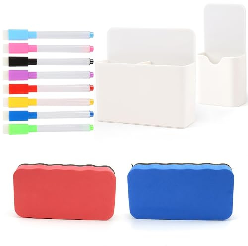 YOYEAH Set med whiteboardtillbehör, 12 delar med magnetisk pennhållare, svamp, 8 pennor för whiteboard - kontorstillbehör och magnetisk tavla