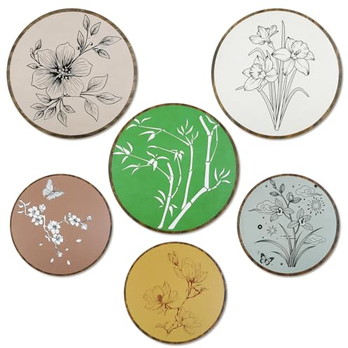 Larber 6PCS Conjunto de Cuadros Decorativos Circulares de Estilo Boho 2 Tamaños Cuadros Decorativos de Madera de Estilo Boho para Colgar para Dormitorio, Salón, Baño, Patio, Apartamento; Ideal Como Re